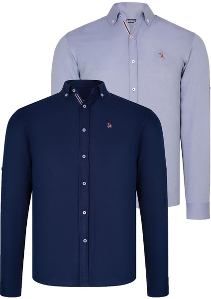 Ikili Set G674 Dewberry Erkek Gömlek-Lacivert - Gri