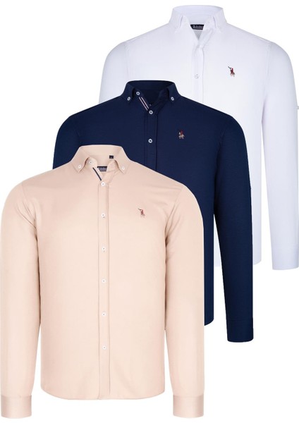 Üçlü Set G674 Dewberry Erkek Gömlek-Lacivert-Beyaz-Bej