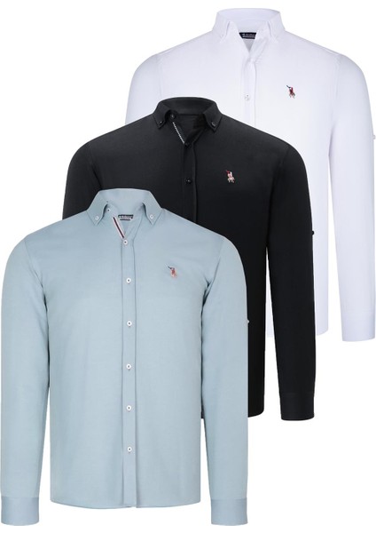 Üçlü Set G674 Dewberry Erkek Gömlek-Siyah-Beyaz-Su Yeşili