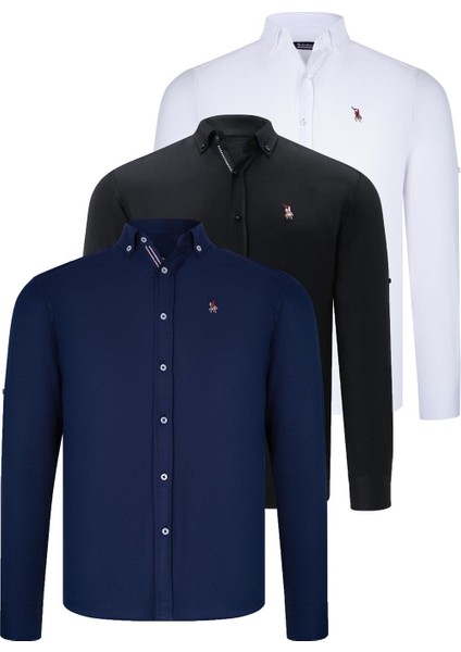 Üçlü Set G674 Dewberry Erkek Gömlek Siyah Beyaz Lacivert