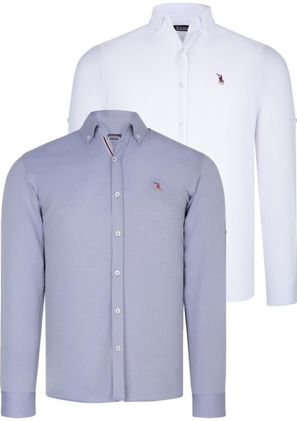 Ikili Set G674 Dewberry Erkek Gömlek-Beyaz-Gri