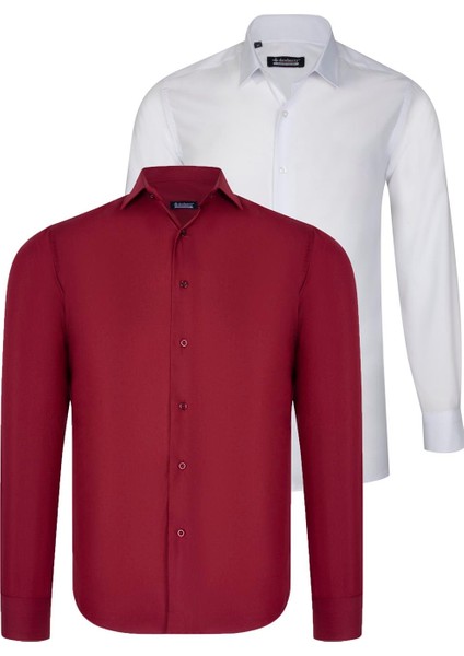 Ikili Set G726 Dewberry Erkek Gömlek-Beyaz-Bordo