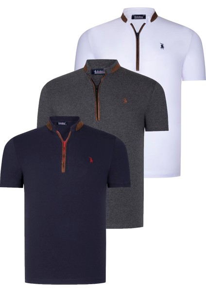 Üçlü Set T8571 Dewberry Fermuarlı Erkek T-Shırt-Lacivert-Beyaz-Antrasit
