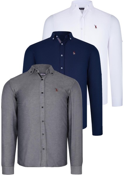 Üçlü Set G674 Dewberry Erkek Gömlek Lacivert Beyaz Füme