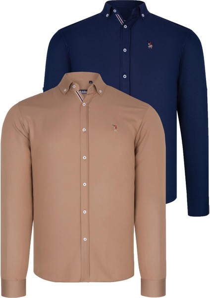 Ikili Set G674 Dewberry Erkek Gömlek Lacivert Camel