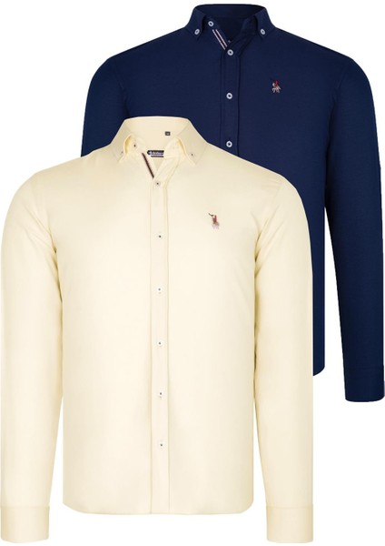 Ikili Set G674 Dewberry Erkek Gömlek Lacivert Sarı