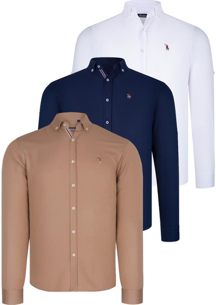 Üçlü Set G674 Dewberry Erkek Gömlek Lacivert Beyaz Camel