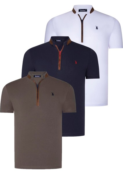 Üçlü Set T8571 Dewberry Fermuarlı Erkek T-Shırt-Lacivert-Beyaz-Haki