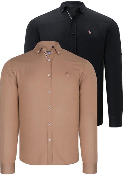 Ikili Set G674 Dewberry Erkek Gömlek Siyah Camel