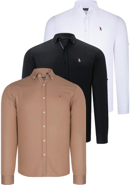 Üçlü Set G674 Dewberry Erkek Gömlek Siyah Beyaz Camel