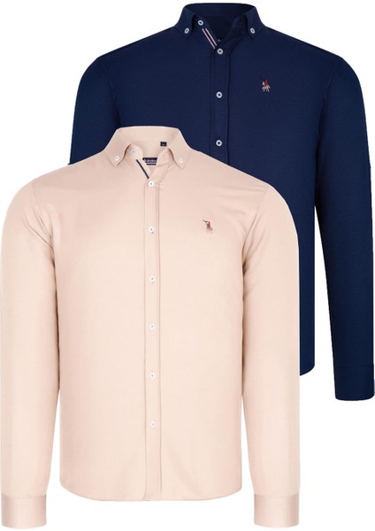 Ikili Set G674 Dewberry Erkek Gömlek-Lacivert-Bej