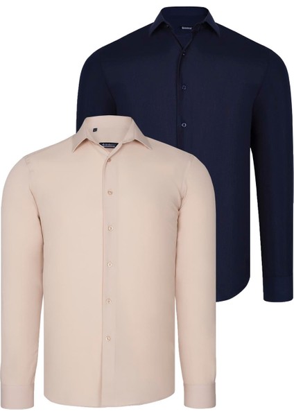 Ikili Set G726 Dewberry Erkek Gömlek-Lacivert-Bej