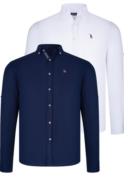 Ikili Set G674 Dewberry Erkek Gömlek-Beyaz-Lacivert