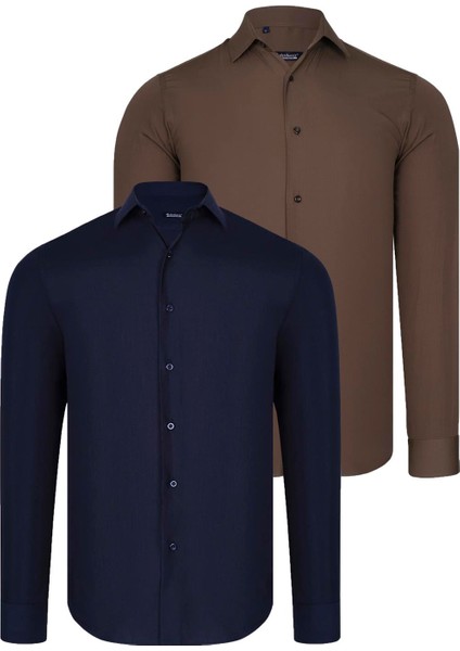 Ikili Set G726 Dewberry Erkek Gömlek-Lacivert-Kahve