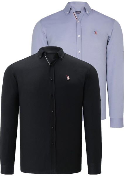 Ikili Set G674 Dewberry Erkek Gömlek-Siyah-Gri