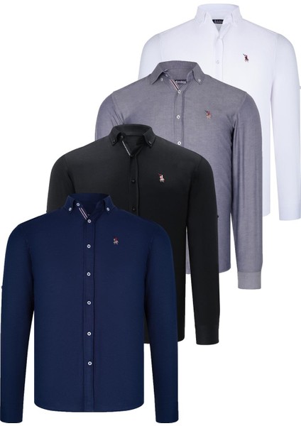 Dörtlü Set G674 Dewberry Erkek Gömlek Siyah Beyaz Lacivert Kot Mavisi