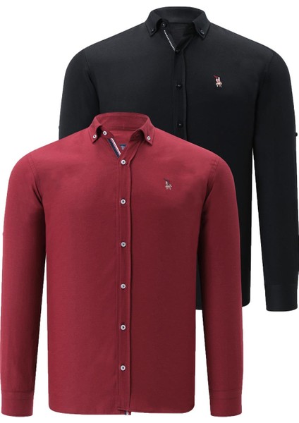 Ikili Set G674 Dewberry Erkek Gömlek-Siyah-Bordo