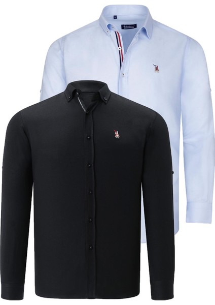 Ikili Set G674 Dewberry Erkek Gömlek Siyah Açık Mavi