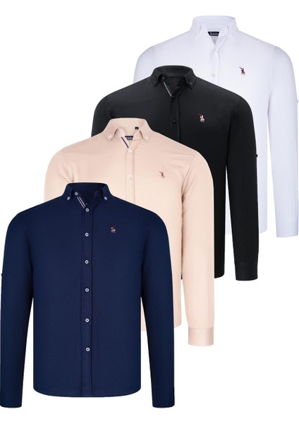 Dörtlü Set G674 Dewberry Erkek Gömlek-Siyah-Beyaz-Lacivert-Bej