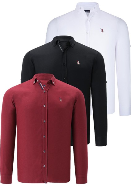 Üçlü Set G674 Dewberry Erkek Gömlek-Siyah-Beyaz-Bordo