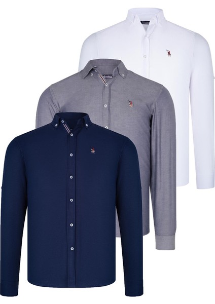 Üçlü Set G674 Dewberry Erkek Gömlek-Lacivert-Beyaz-Kot Mavisi