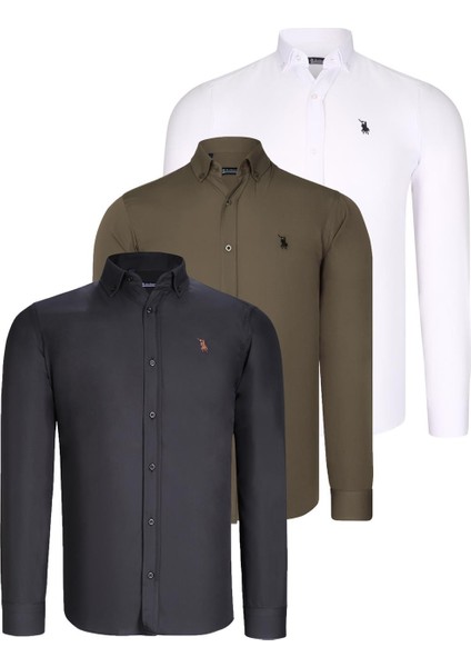 Üçlü Set G725 Dewberry Erkek Gömlek Siyah Beyaz Yeşil