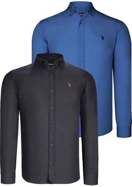 İkili Set G725 Erkek Gömlek-Siyah-Indigo