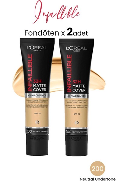 Infaillible Matte Cover Fondöten SPF25 Neutral Undertone 200 x 2 Adet