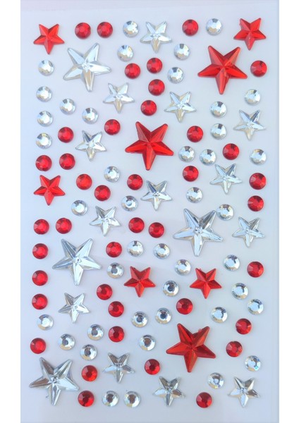 Kırmızı-Beyaz Yıldız Taş Sticker Yapışkanlı Saç, Yüz, Tırnak ve S