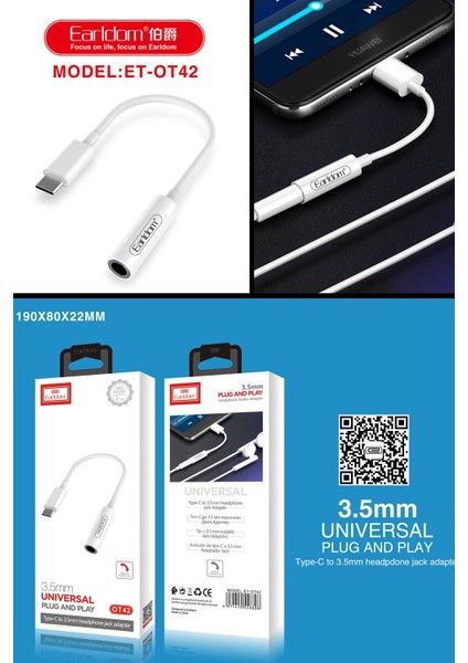 OT42 Tak Çalıştır Type-C To Aux Dönüştürücü - Beyaz