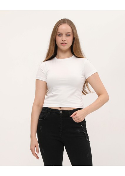 Owut Collection Beyaz %100 Pamuk Crop Bisiklet Yaka Örme T-Shirt