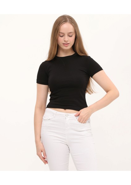 Beyaz %100 Pamuk Crop Bisiklet Yaka Örme T-Shirt