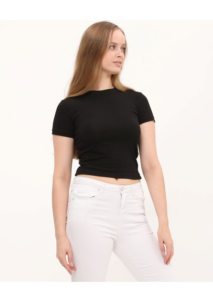 Beyaz %100 Pamuk Crop Bisiklet Yaka Örme T-Shirt