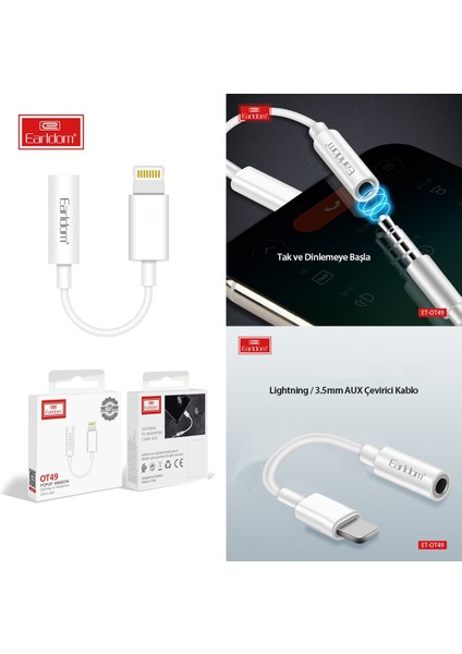 OT49 Tak Çalıştır Lightning To Aux Dönüştürücü - Beyaz
