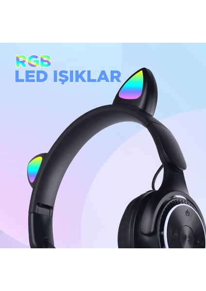 M6 Pro Cat Rgb LED Işıklı Kedi Kulağı Band Tasarımlı Ayarlanabilir ve Katlanabilir Kulak Üstü Bluetooth Kulaklık Siyah