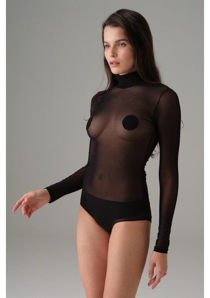 Kadın Siyah Boğazlı Tül Body 12403 fiyatları