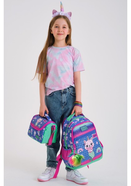Kids Su Yeşili Lavanta Unicorn Kedi Desenli 3’lü Okul Çanta Seti SET0123478 fiyatları