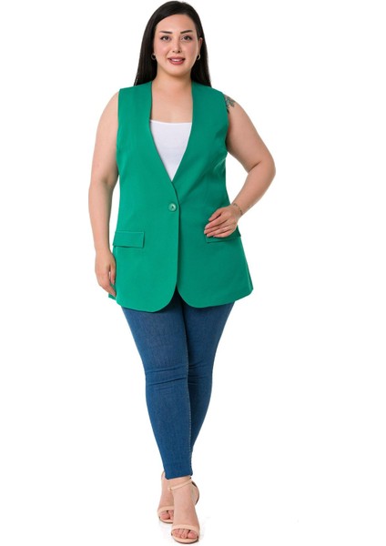 Büyük Beden Tek Düğmeli Süs Cep Kapaklı Yeşil Astarlı Yelek