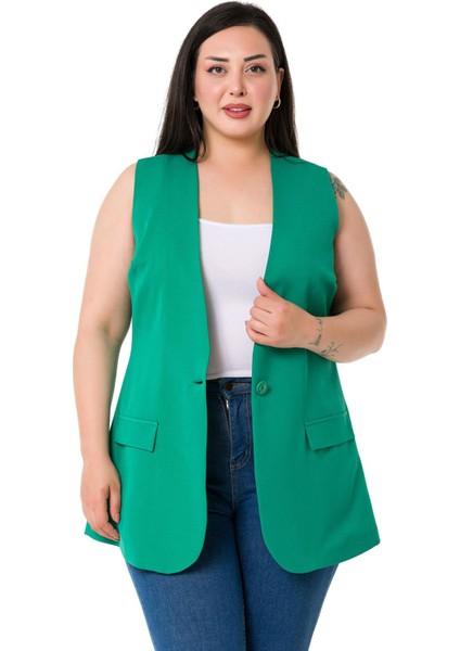 Büyük Beden Tek Düğmeli Süs Cep Kapaklı Yeşil Astarlı Yelek fiyatları