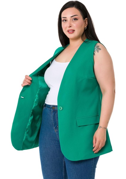 Büyük Beden Tek Düğmeli Süs Cep Kapaklı Yeşil Astarlı Yelek fırsatları