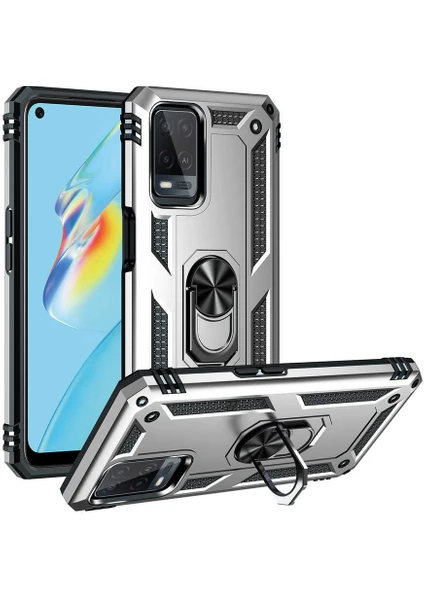 Case 4U Oppo A54 4g Kılıf Armor Serisi Vega Tank Zırh Metal Yüzüklü Standlı Gümüş