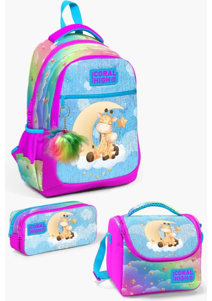 Kids Mavi Pembe Zürafa Desenli 3’lü Okul Çanta Seti SET0123479