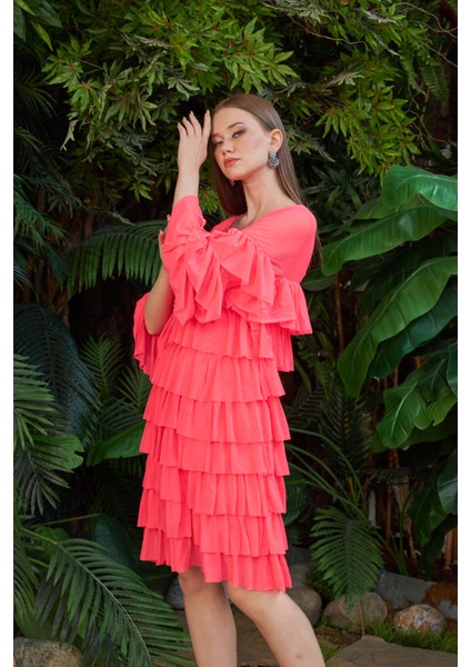 Marina Boutique Fırfırlı Neon Pembe Tül Elbise