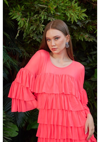 Marina Boutique Fırfırlı Neon Pembe Tül Elbise