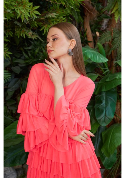 Marina Boutique Fırfırlı Neon Pembe Tül Elbise