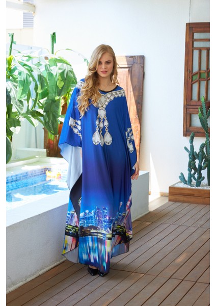 Mavi Şehir Desenli Krep Kumaş Abaya