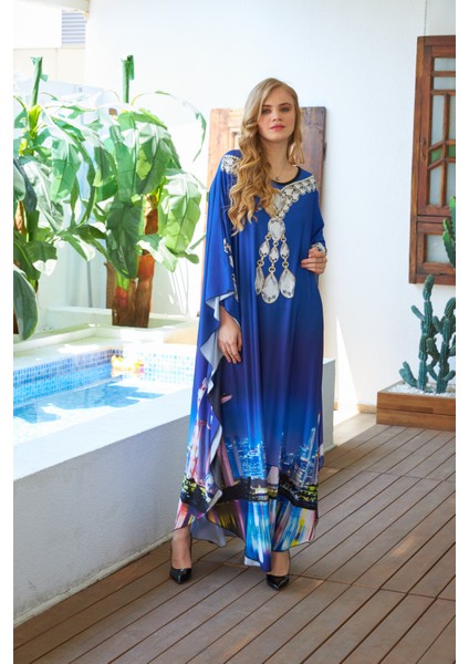 Mavi Şehir Desenli Krep Kumaş Abaya