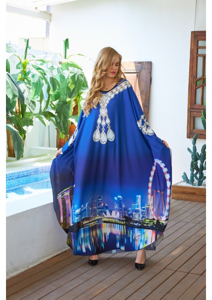 Mavi Şehir Desenli Krep Kumaş Abaya
