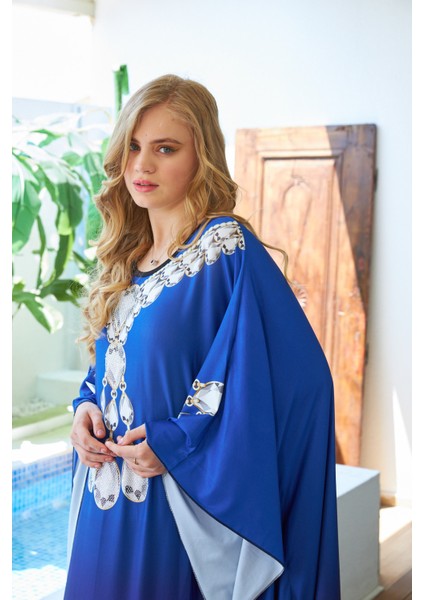 Mavi Şehir Desenli Krep Kumaş Abaya