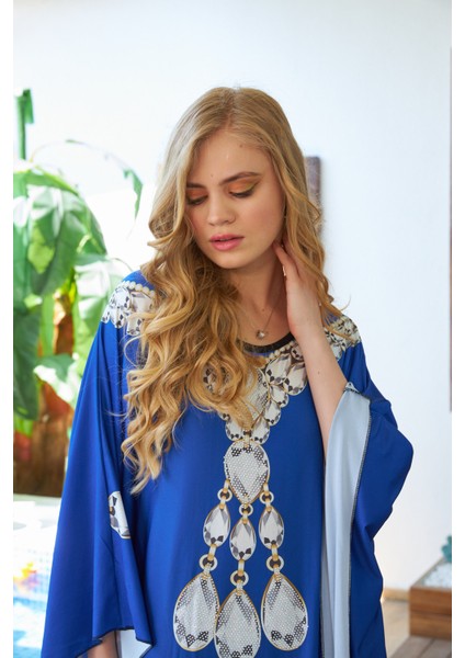 Mavi Şehir Desenli Krep Kumaş Abaya